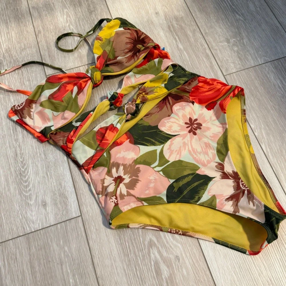 Aerie American Eagle Cut Out One Piece Swimsuit Bikini Bright Floral Triple Knot